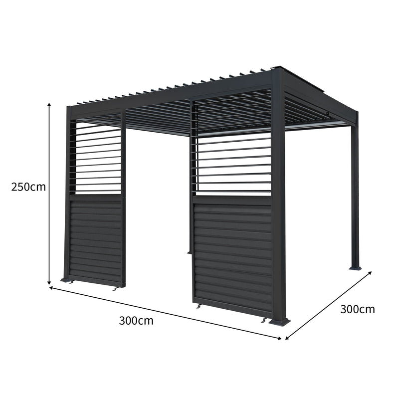 Anthracite Aluminium Pergola With White Blinds & 2 Shutter Panels - 3m x 3m