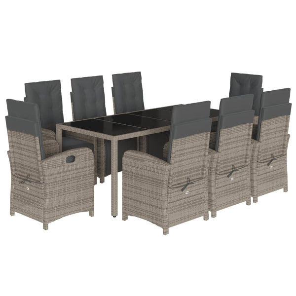 9 Piece Garden Dining Set with Cushions Grey Poly Rattan