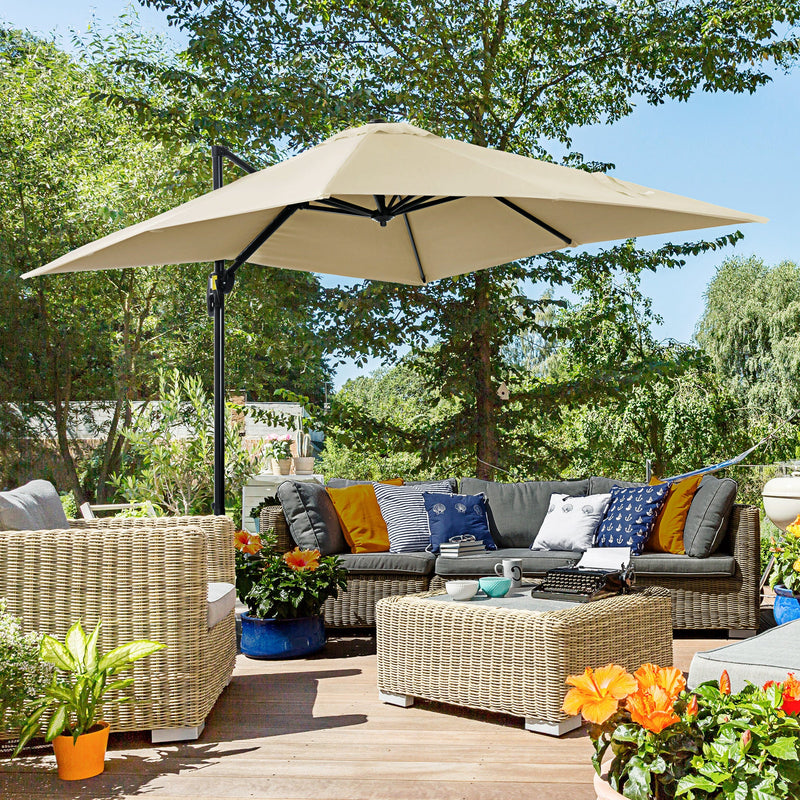 2.5 x 2.5m Patio Offset Parasol Umbrella Cantilever Hanging Aluminium Sun Shade Canopy Shelter 360° Rotation with Crank Handle and Cross Base