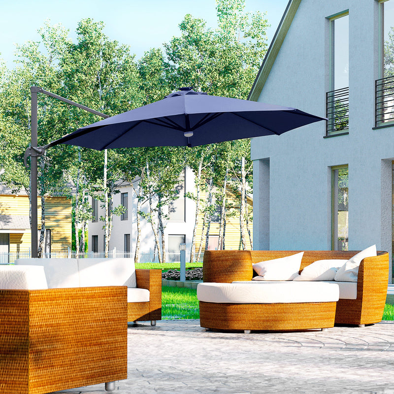 3M LED Cantilever Parasol Outdoor Sun Umbrella w/ Base Solar Lights Blue