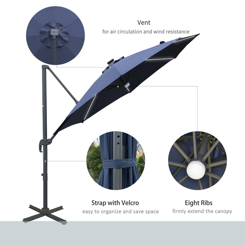 3M LED Cantilever Parasol Outdoor Sun Umbrella w/ Base Solar Lights Blue